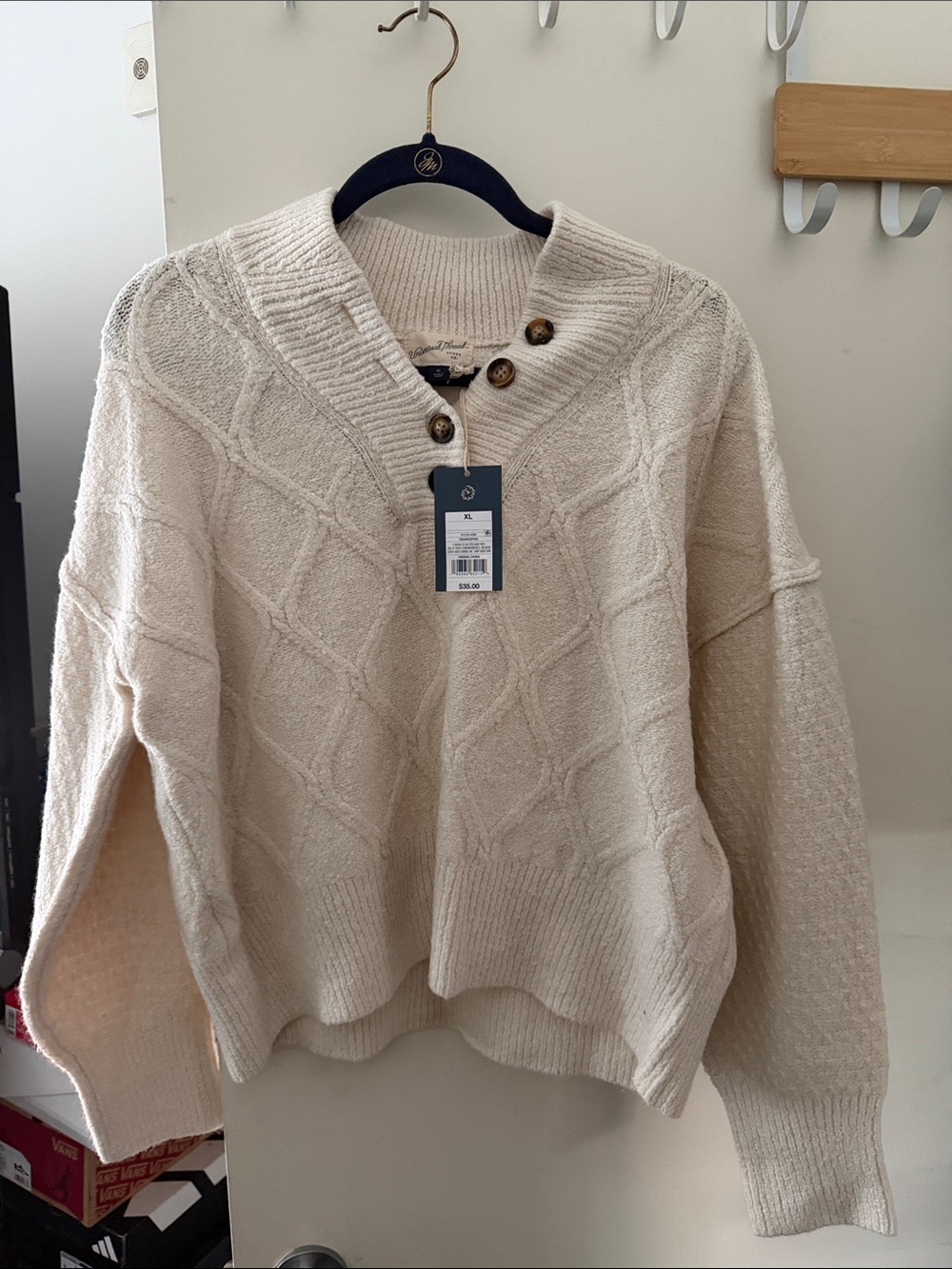 Universal Thread Cream Cable-Knit V-Neck Sweater with Button Detail